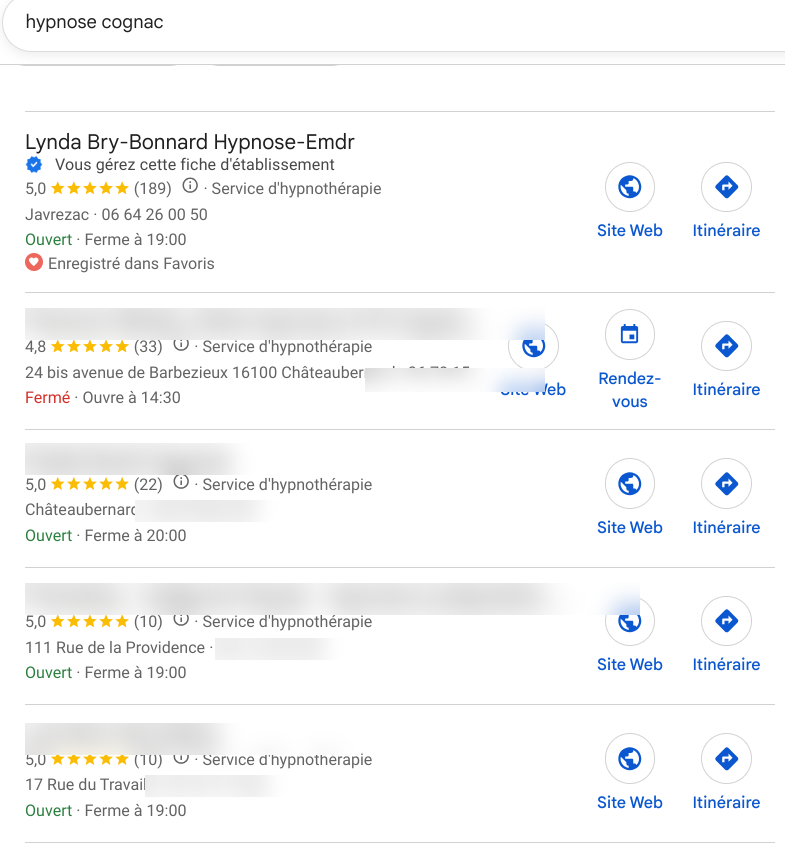 Résultats Google pour la recherche « hypnose cognac » : Lynda Bry-Bonnard Hypnose-Emdr apparaît en 1re position avec 5,0/5 sur 189 avis. Les 4 concurrents suivants sont volontairement anonymisés.