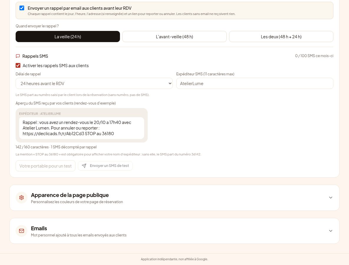 Vous voyez le SMS exact que recevront vos clients, avec le nombre de caractères.
