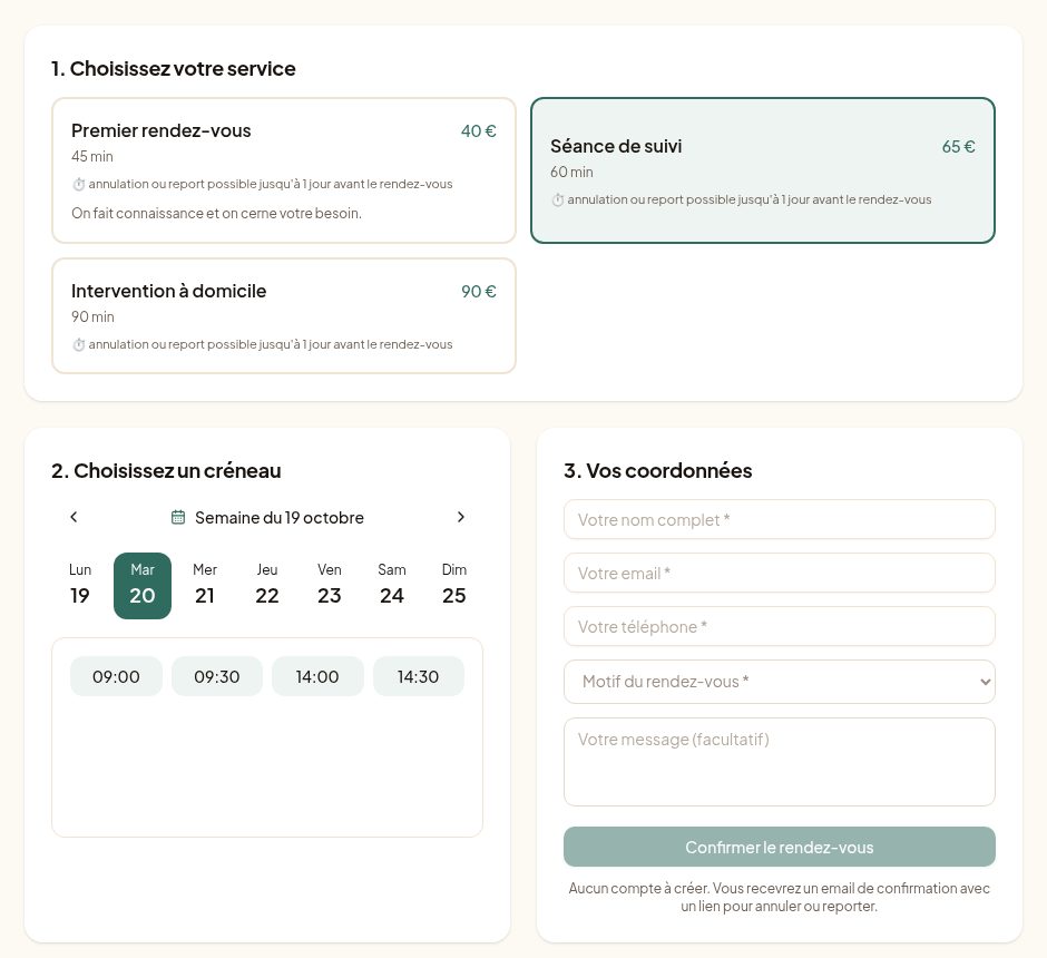 Votre client choisit le service, le créneau et le motif de son rendez-vous, sans créer de compte.