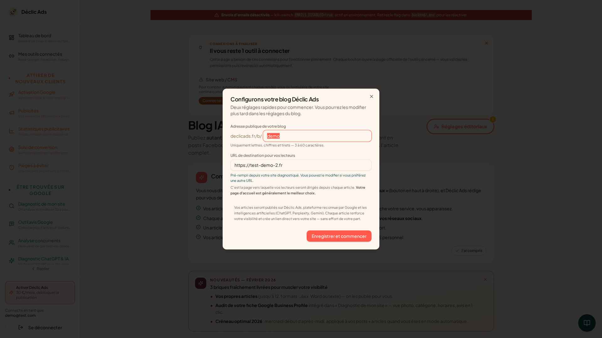 Configuration du blog en 2 champs. L'IA prend le relais : rédaction, illustrations, SEO, publication.