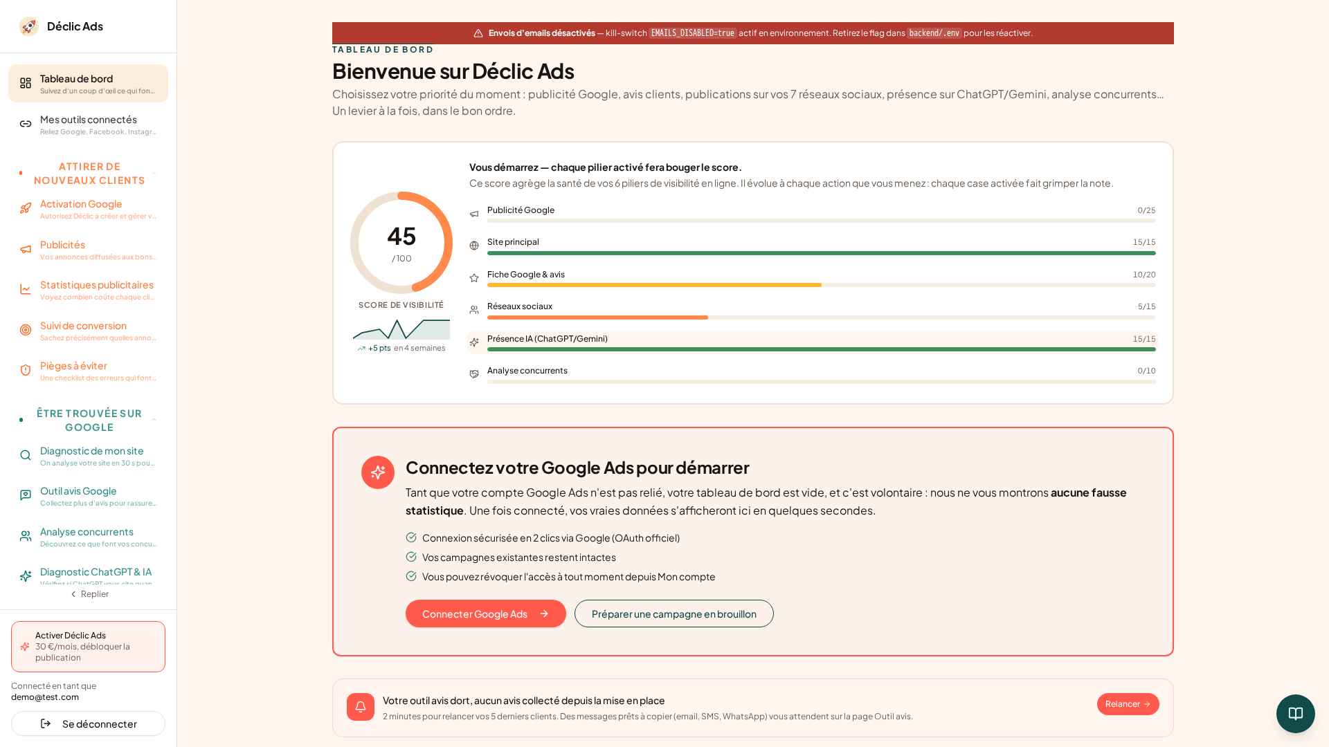 Score de visibilité par pilier, connexion Google Ads guidée en 2 clics — pas de jargon.