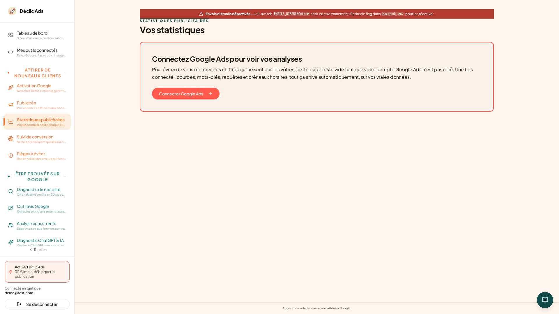 Clics, contacts, coût sur 7/30/90 j avec sparklines et recommandations IA.