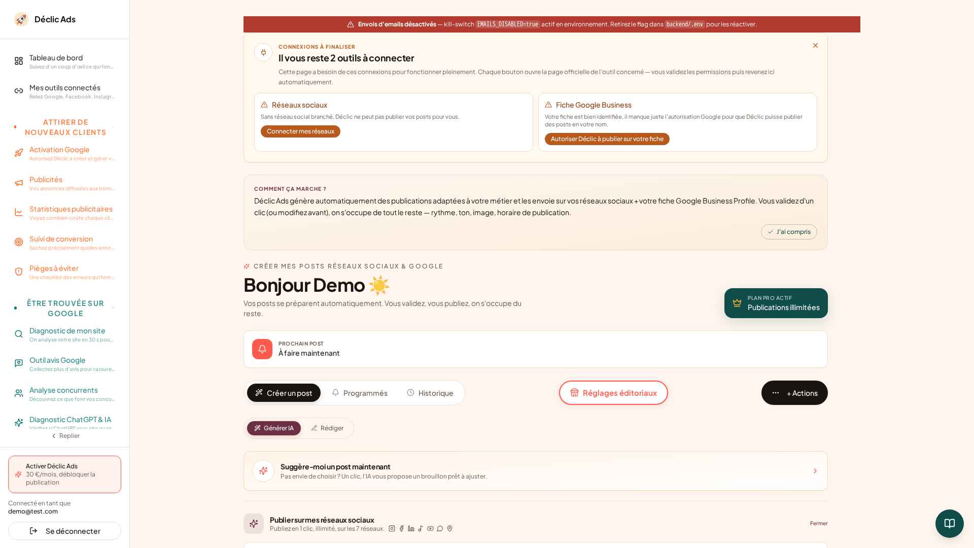 Le générateur IA propose un brouillon adapté à votre métier. Vous relisez, vous publiez sur les 7 réseaux.