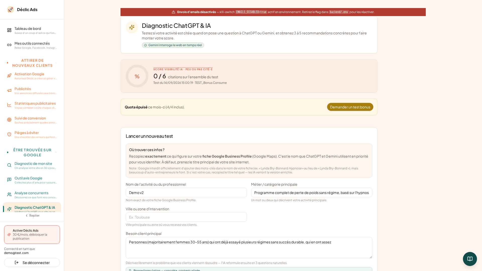 Score de visibilité IA + questions posées à ChatGPT et Gemini. Un test = 6 réponses analysées.